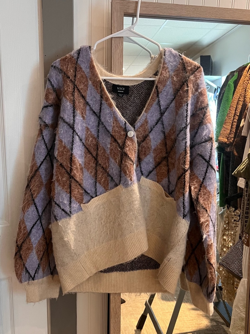VICI Lavender & Brown Argyle Knit Women's Sweater Cardigan